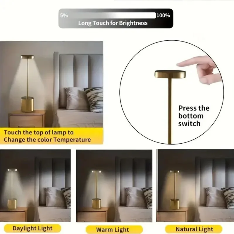 LED Light Touch Metal Table Lamp USB Rechargeable Three Colors Dimmable Desk Bedroom Night Light For Bar Room Decoration