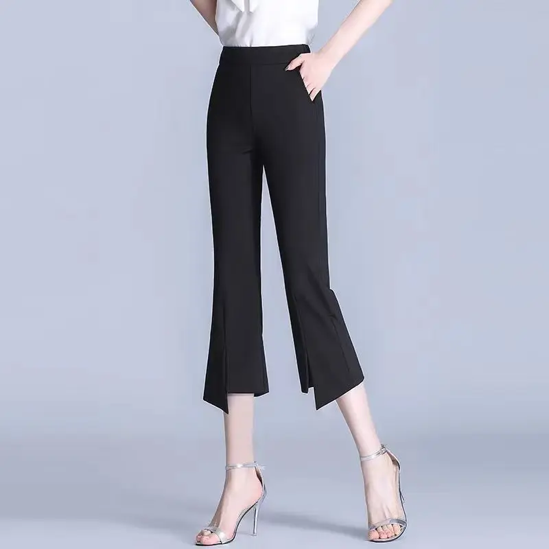 Fashion Simple Versatile Seven Point Split Flared Pants Women New Solid Elastic High Waist Pocket Summer Suit Straight Trousers