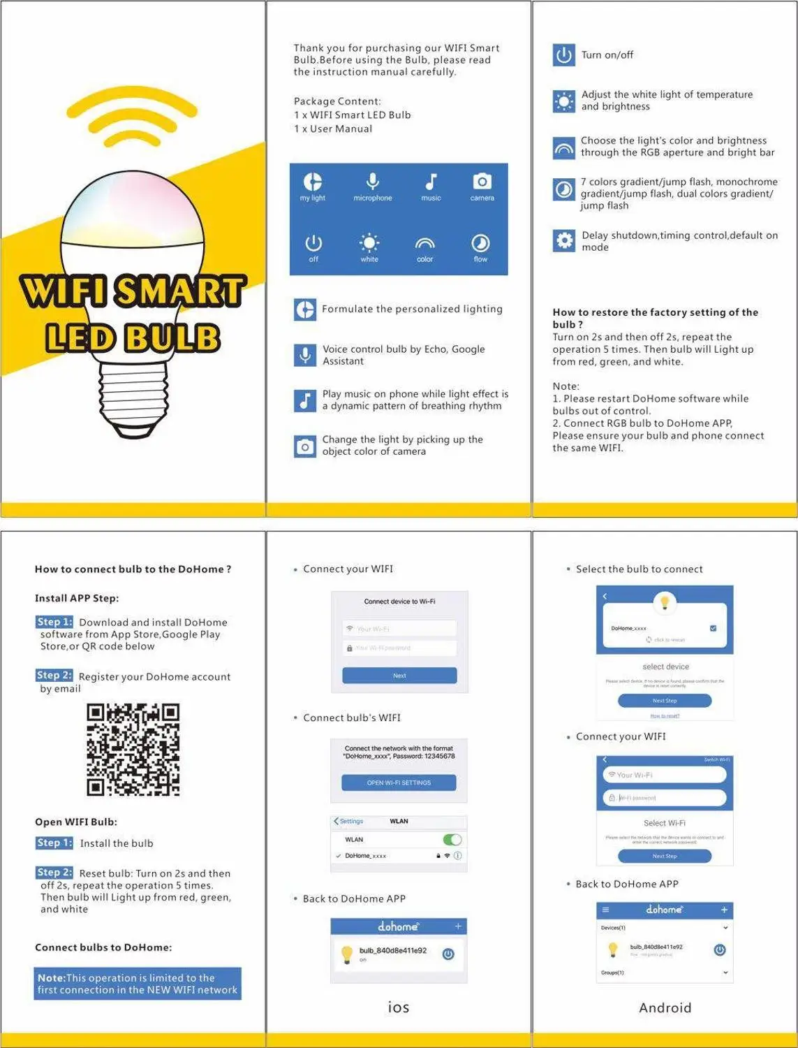 Smart LED Bulb Wireless Wifi Smart LED Bulb ESP8266 E27 for Smart Home 2.4G Android 4.0 IOS9.0 Dohome APP