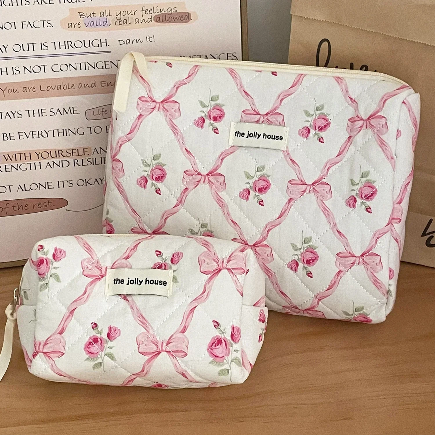 Cute Bow Flower Quilting Cotton Makeup Bag Women Zipper Cosmetic Organizer Female Cloth Handbag Portable Toiletry Case for Girls 6