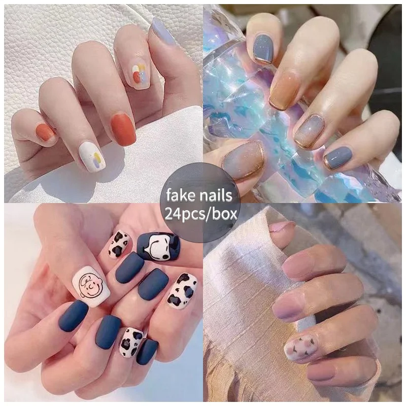 24pcs/box Fake Nails Press on Short Reusable with Designs Set French Artificial Pink False Tipsy Stick-on Nails Tips Art