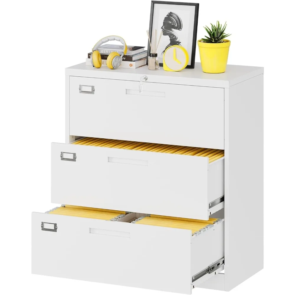 

Lockable horizontal filing cabinet, 3-drawer large metal filing cabinet, lockable correspondence storage cabinet for home office