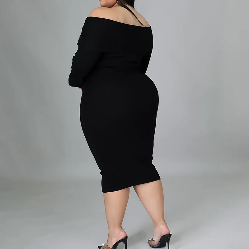 Strapless V-Neck Plus Size Clothes for Women Evening Party Sexy Off Shoulder Solid Color Long Sleeve Autumn Mid-Calf Dresses