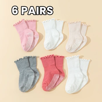 6 pairs  girls' toddler cotton socks with lace - baby anti-slip dot gel socks, cute walking socks with non-slip ruffles design 1