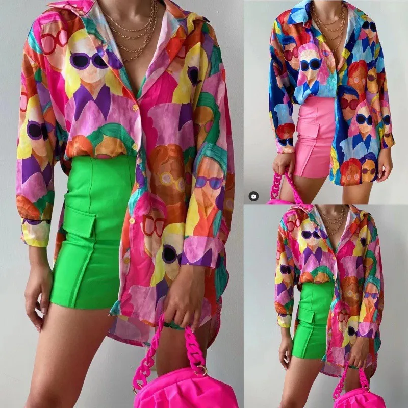 

Casual Button Loose Lapel Loose Cardigan Spring/Summer Long Sleeved Women's Fashion Printed Shirt Sleeve Medium Length Shirt