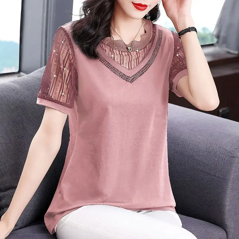 

Commute Fashion Gauze Spliced Pullovers Women's Clothing Casual Round Neck Diamonds 2024 Summer Short Sleeve Solid Color T-shirt