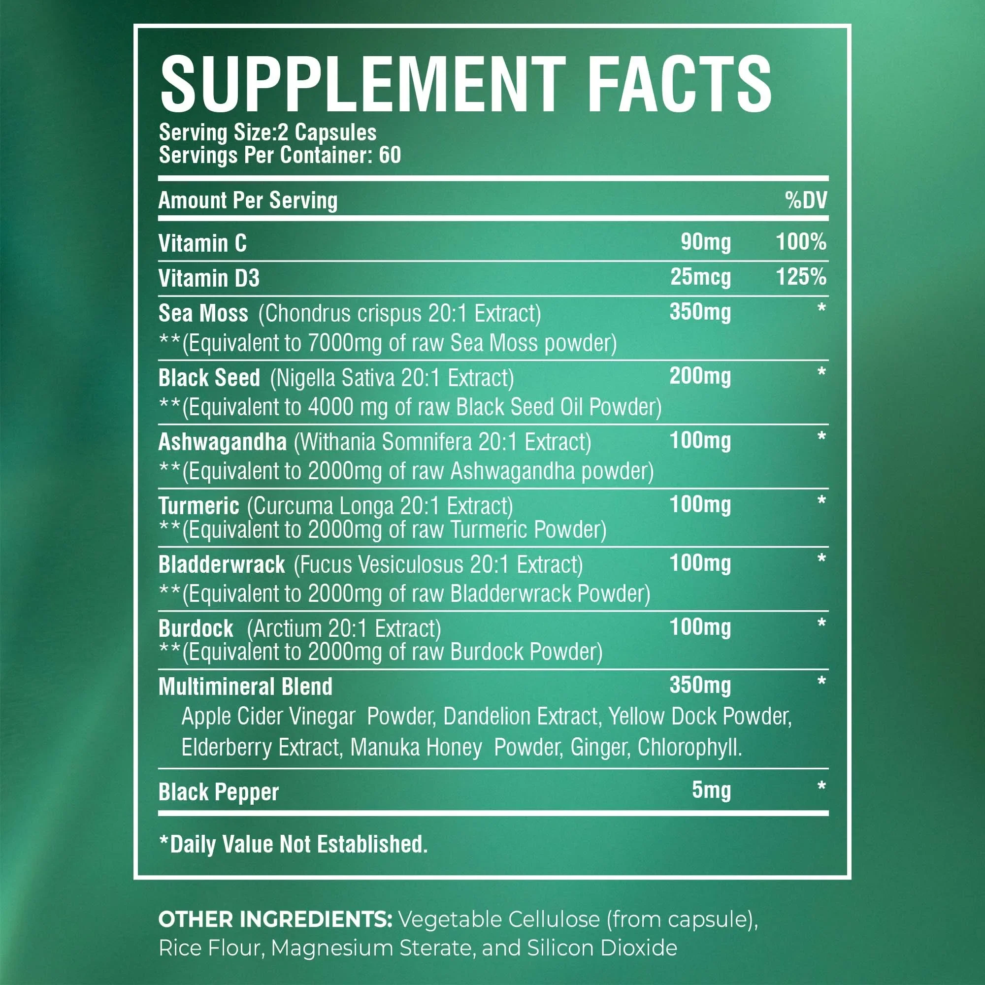 Sea Moss Black Seed Oil Ashwagandha Ginger Boosts The Immune System Promotes Digestion and Joint Health 120 Capsules