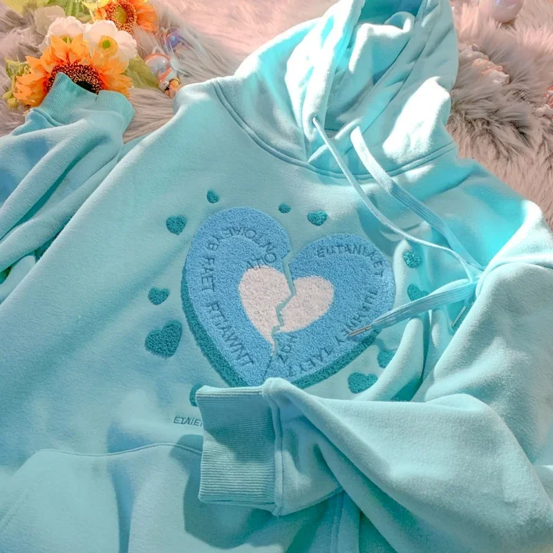 Cute Love Heart Embroidery Pink Tops Hoodies Winter Pullover Women 2023 New Streetwear Harajuku Teens Clothes Ins Korean Fashion запеченный хайлайтер для космического сияния оттенок pink love