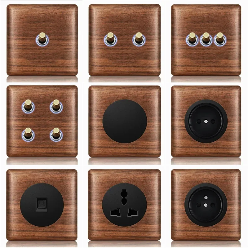 T&i Wood Switch Socket, 86 Wall Panel, 1 Gang 2 Gangs 3 Gangs 4 Gangs 1/2 Way, Eu Ru Fr Socket Power Outlet, 86x86mm, Embedded