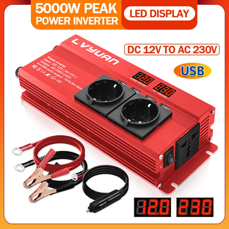 Inversor de Corriente 12v a 220v 1000w 4 USB 3 Sockets Pantalla