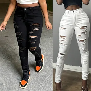 Pantalones vaqueros rasgados negros para mujer, pantalones pitillo vaqueros de cintura alta a la moda, pantalones…