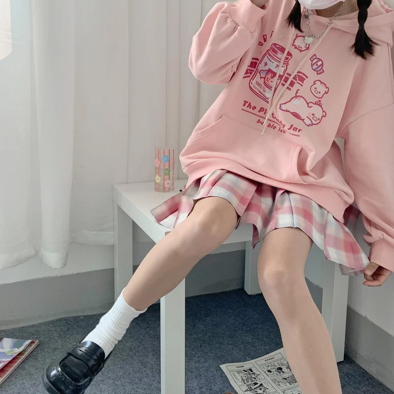 MINGLIUSILI Cartoon Print Kawaii Hoodie Autumn and Winter Fashion Plus  Velvet Pullover Women Cute Oversize Pink Anime Clothes