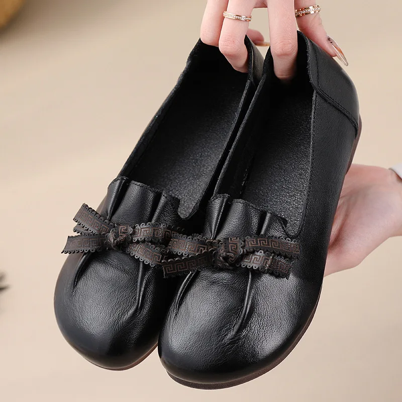 2024 spring vintage loafers women real leather moccasins ladies lace up oxfords shoes casual ballet flats comfort grandma shoes