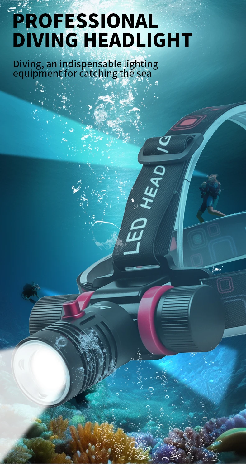 Description Picture 2 of itemProfessional LED Scuba Diving Headlamp Flashlight Dive Torch IPX8 Waterproof Underwater 100M Dive Headlight with18650 Battery