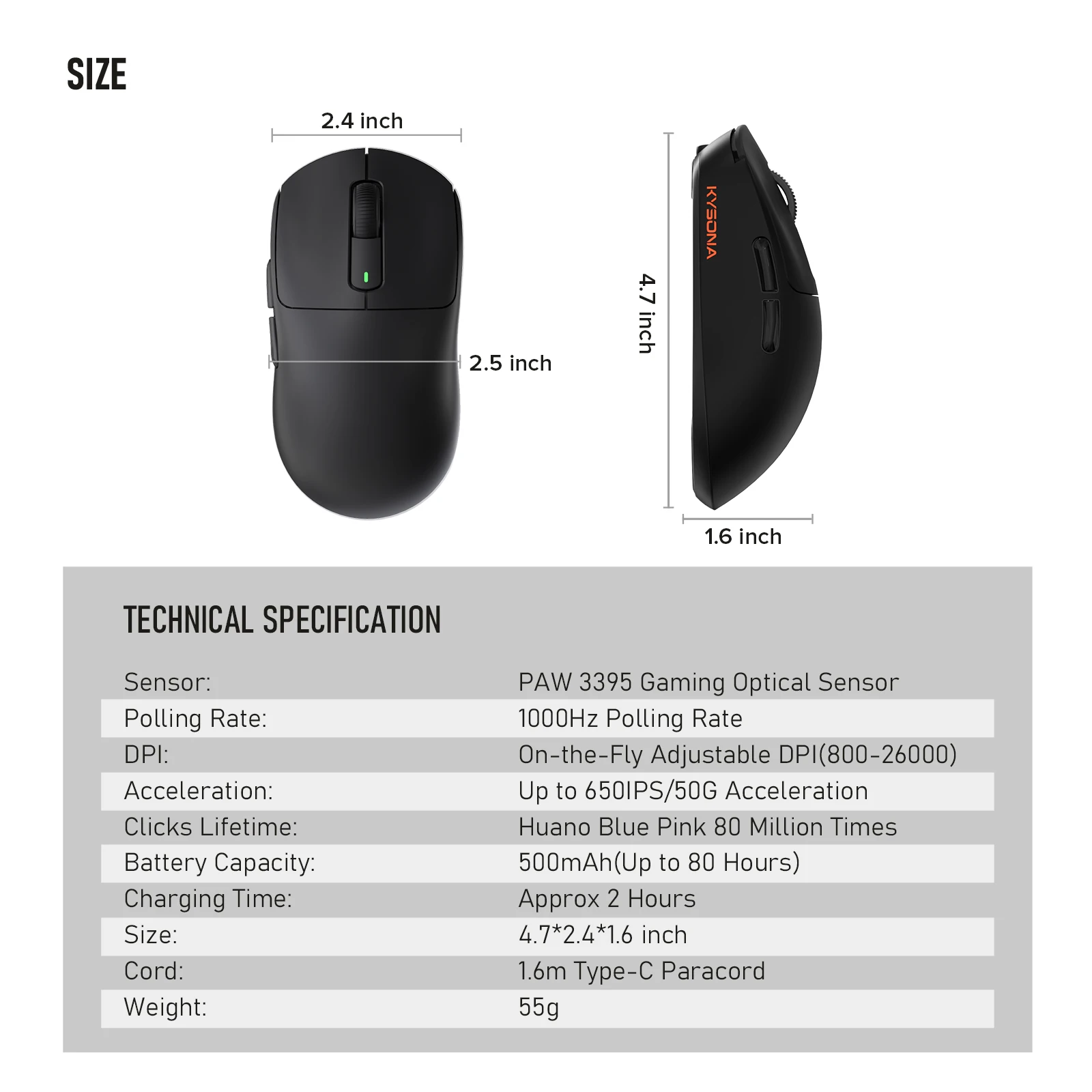 Kysona M600 Black PAW3395 Wireless Gaming Esports Mouse 55g 