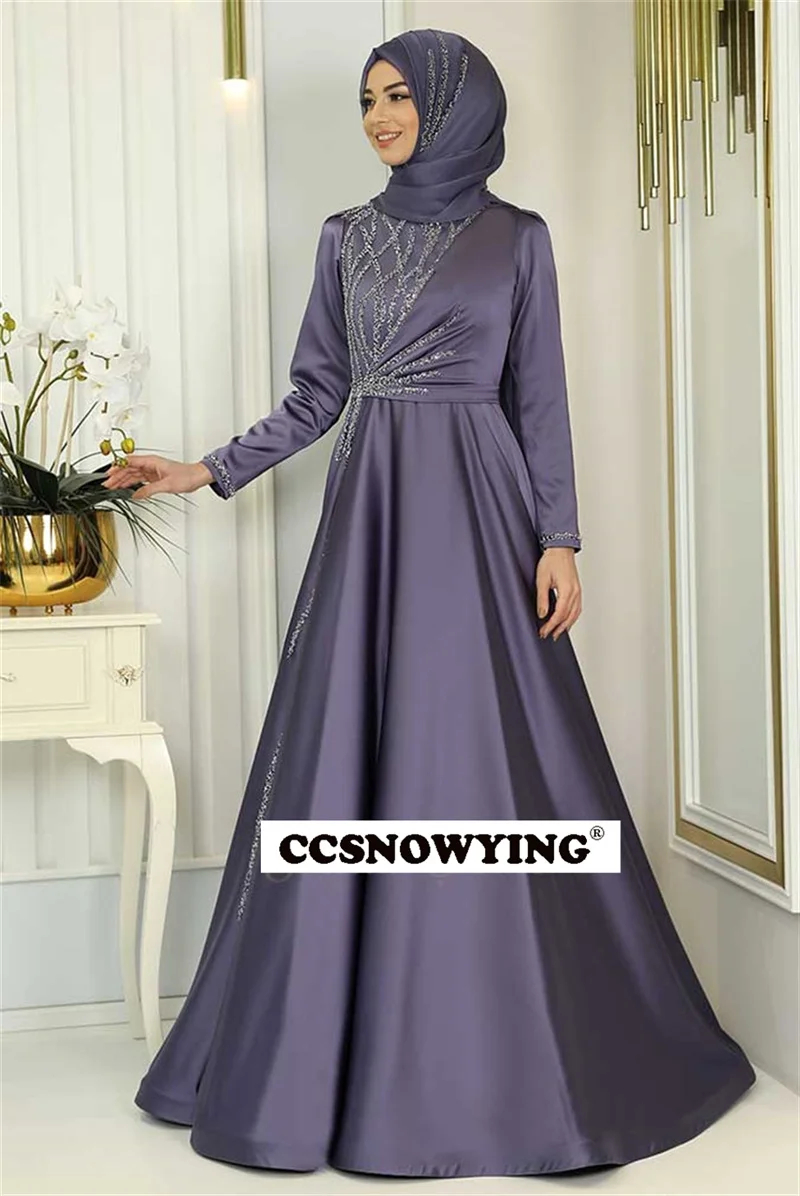 

Satin Appliques Beaded Muslim Evening Dresses Long Sleeve Islamic Formal Party Gowns High Neck Women Arabic Robes De Soirée