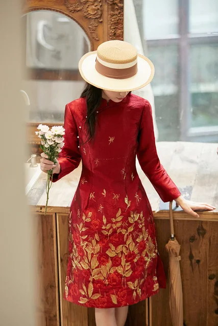 Spring Autumn Jacquard Dress Long Sleeve Straight Dress Slim Knee  
