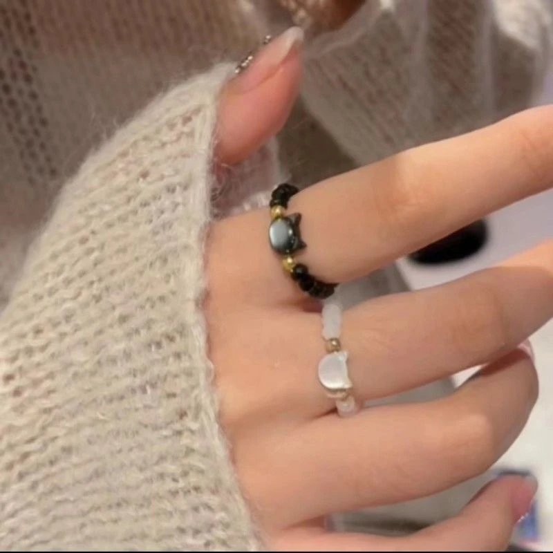 Natural Moonstone Obsidian Rings Beads Minimalist Fidget Ring Handmade Cat Ring Women Party Accessories Jewelry