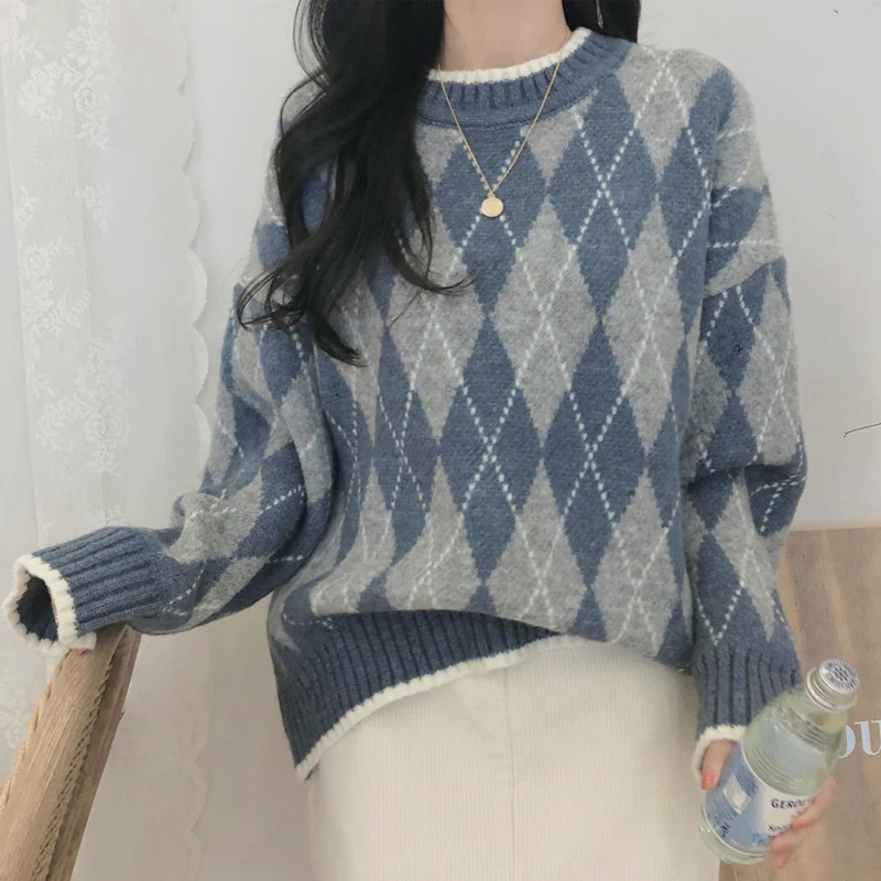 Women Plaid Knitted Sweater Autumn Winter