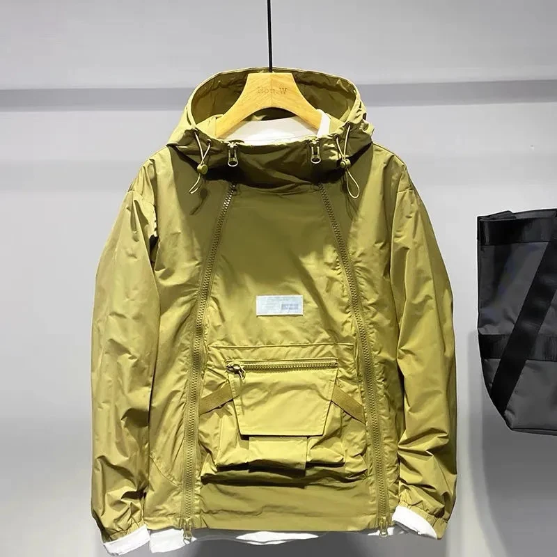 

Men's Coat Spring Autumn Pocket Side Double open Zipper Solid Color Hooded Top High-end light Luxury Korean Fashion Jackets Men