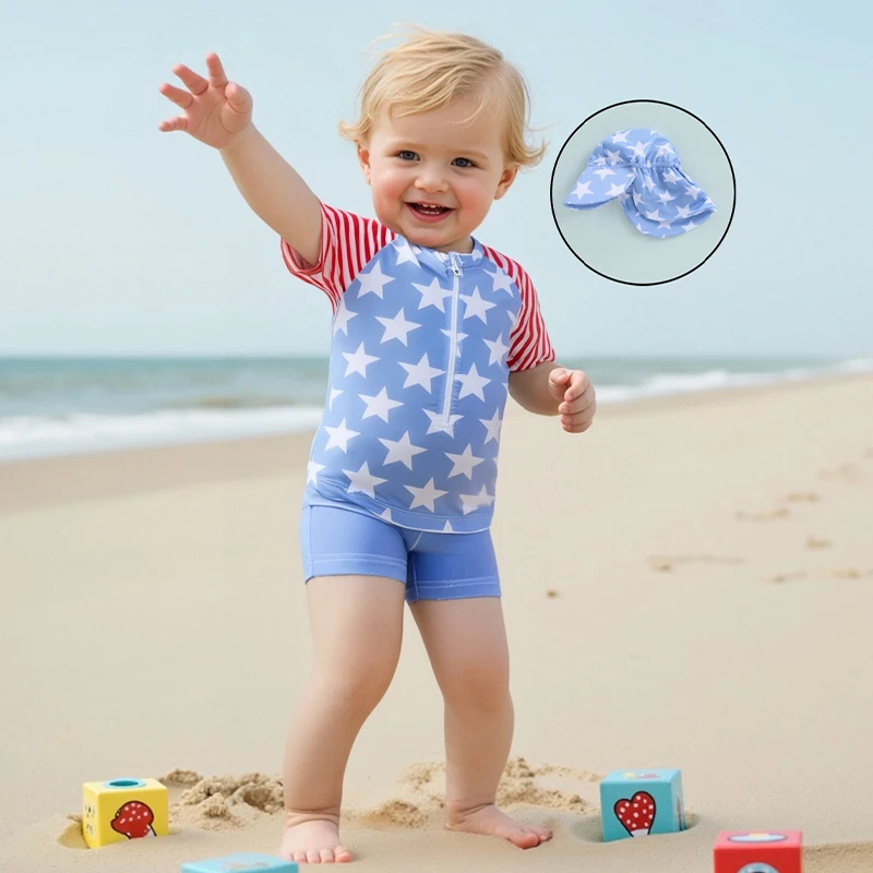 1-5 سنوات الاطفال بيبي بوي 3 قطع المايوه ستار قصيرة الأكمام نصف سستة القمم مرونة الخصر السراويل قبعة الشمس الرقبة رفرف بحر