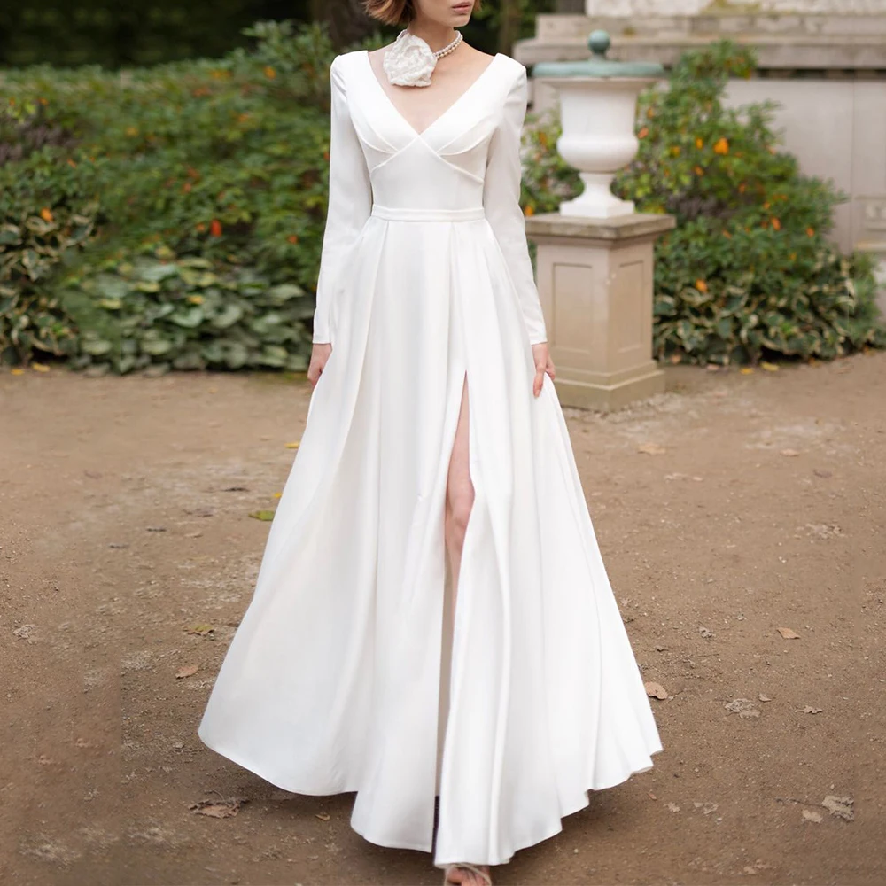 

Simple Long Sleeves Wedding Dress Deep V-Neck with Belt A-Line Floor Length Side Slit Bride Sexy Open Back Marriage Gowns