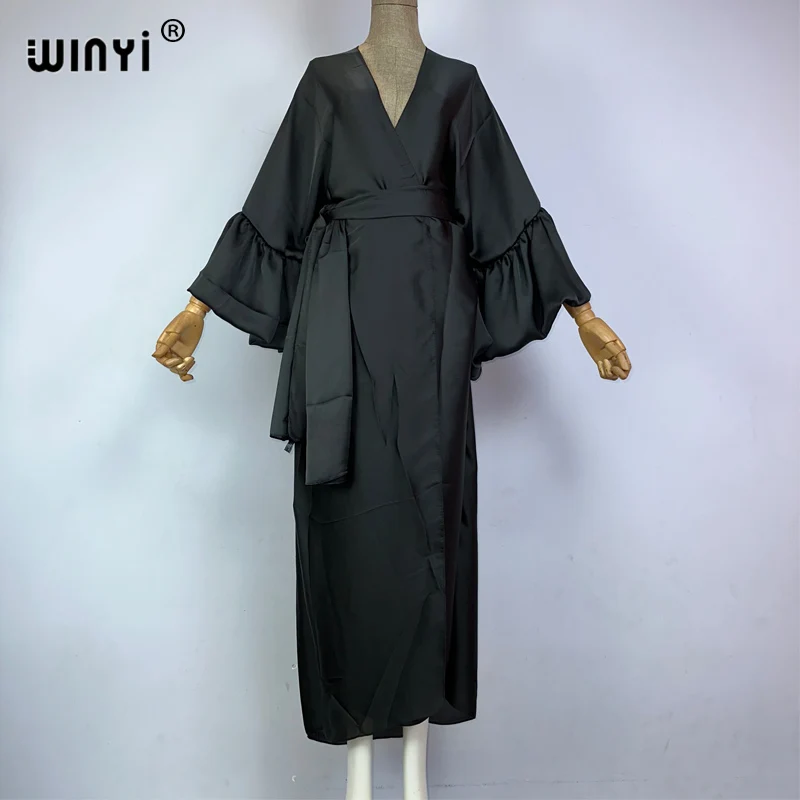 WINYI 모노컬러 셀프벨트 실크 드레스 여성용, 우아한 여름 휴가, 버블 슬리브 가디건, 비치 웨어, 수영복 커버 업 기모노