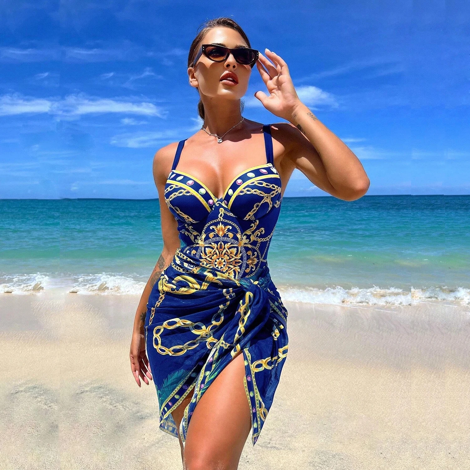 Print Push Up One Piece Swimsuit With Beach Skirt V Neck Swimwear Women Beachwear Bathing Suit Vintage Monokini Summer one piece swimsuit