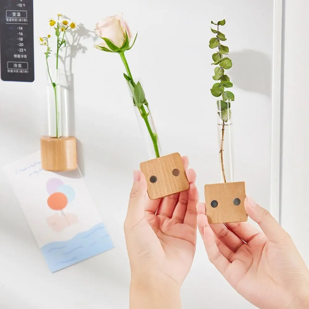 2 Pcs Solid Wood Magnetic Hydroponic Vase Durable Decorative Refrigerator Magnet Vase Shatterproof Wall Hanging Vase Kitchen 5