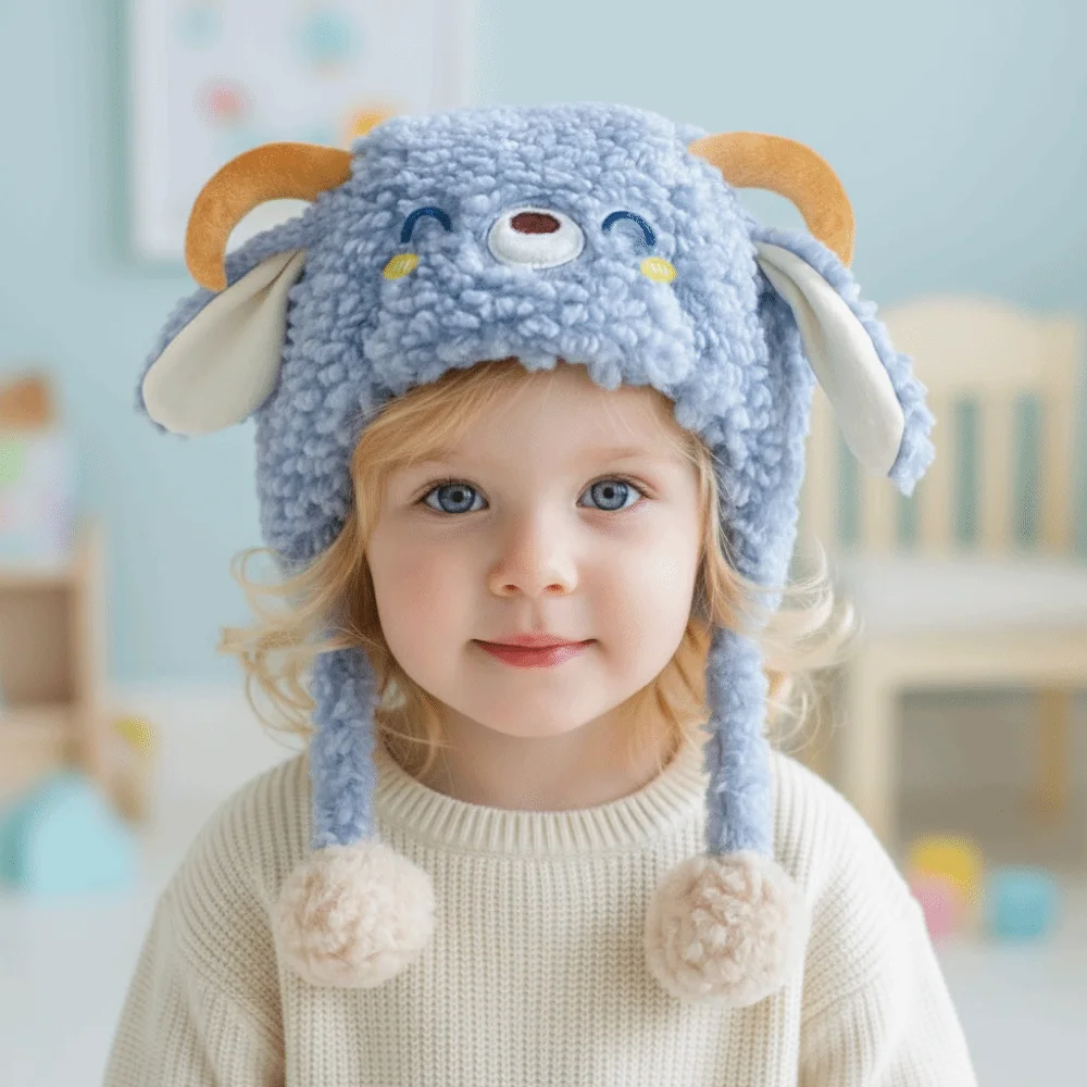 Cartoon Lamb Beanie Caps Thickened Kawaii Baby Ear Protection Hat Keep Warm Coldproof Winter Warm Hat Autumn and Winter