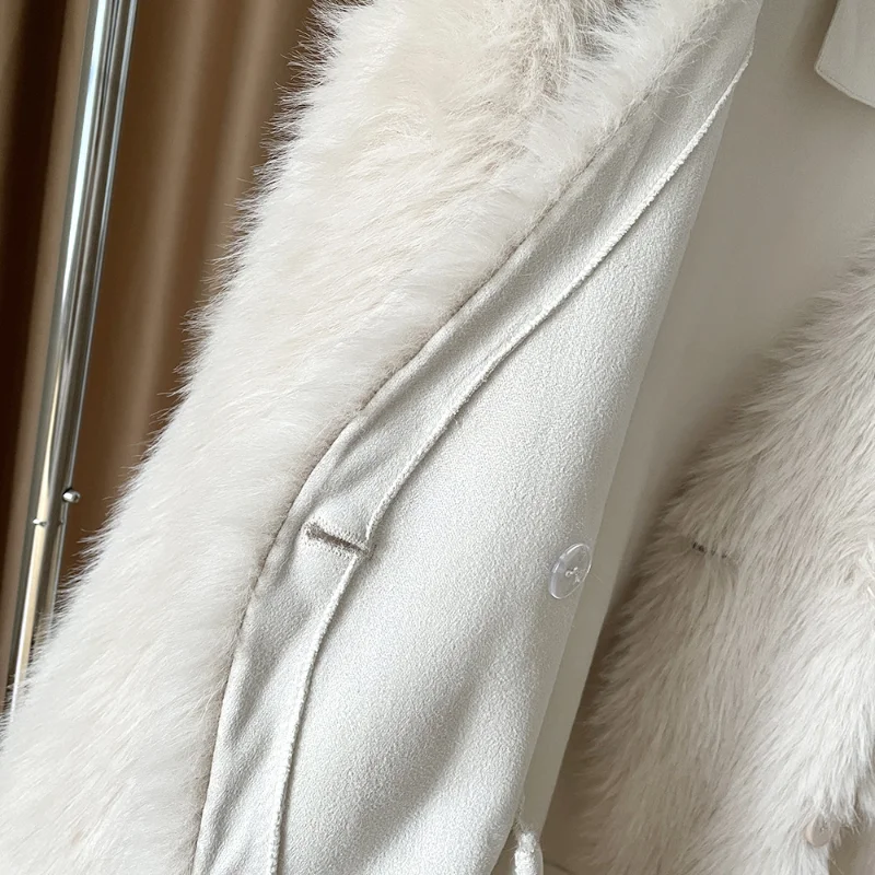 Women Luxury V-neck White Fur Coat Female Winter New Korean Fashion Loose Basic Elegant Warm French Long Sleeve Gray Fur Coat