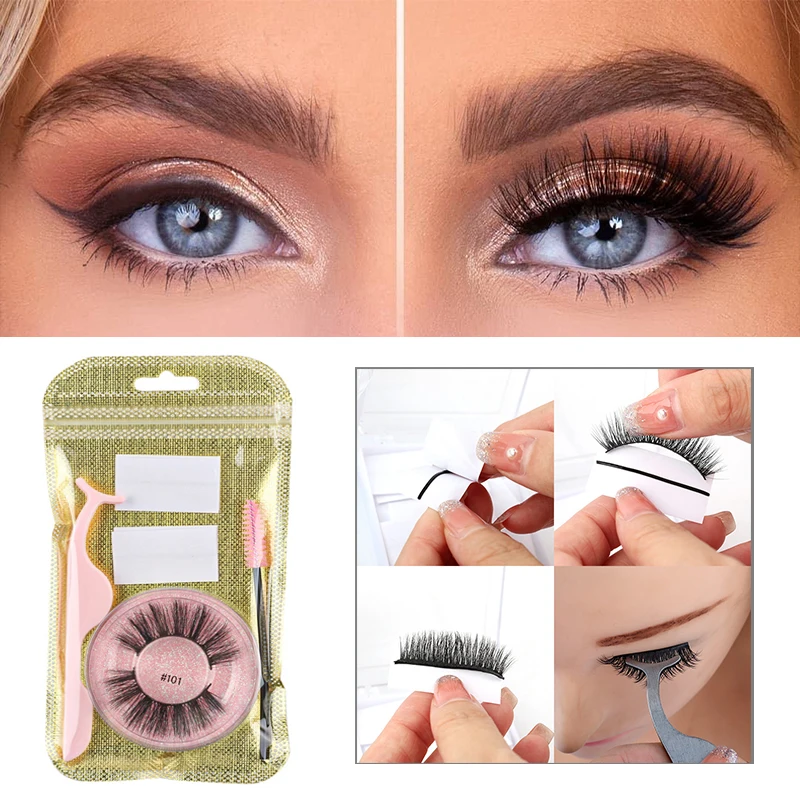 

3D Natural Fluffy Thick False Eyelashes Self-Adhesive Glue-Free Glue Strip Eyelash Waterproof Lash Extension 4 In 1 Lash Bags