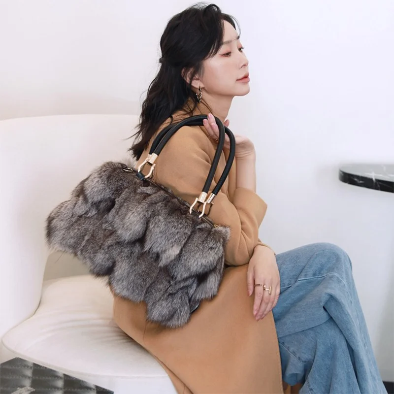 High Quality Fox Fur Handbag Women's Leather Large Capacity Shoulder Bag High-end Fur Elegant Crossbody Bag Winter New