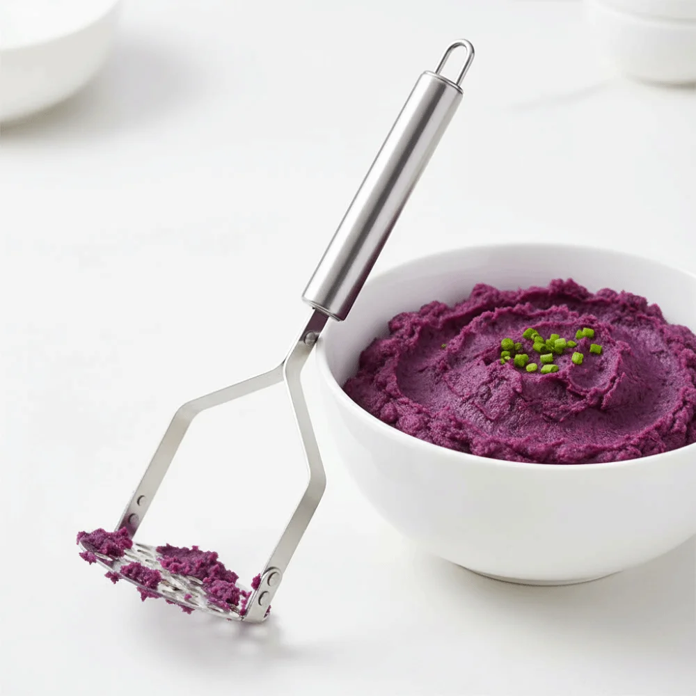 Practical Stainless Steel Potatoes Masher Rust-proof Handheld Potatoes Crusher Hangable Household Fruit Puree Maker Cooking