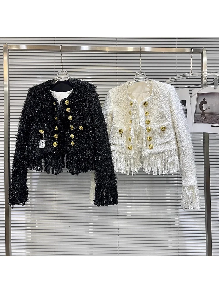 

HIGH STREET Newest 2024 Fashion Designer Jacket Women's Metal Buckle Tassel Bright Silk Tweed Jacket