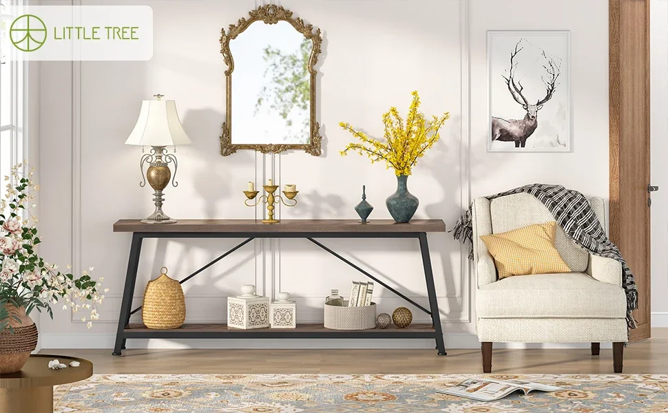 Tavolo Consolle Sottile 100 Cm – Design Retrò Con Scaffale, Per Ingresso, Corridoio O Dietro Il Divano, Grigio