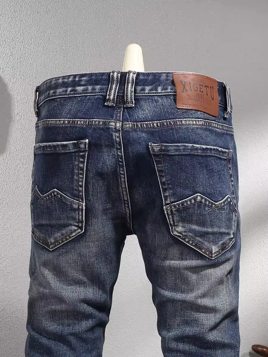 Newly Designer Fashion Men Jeans High Quality Retro Washed Blue Elastic Slim Fit Ripped Jeans Men Patched Vintage Denim Pants