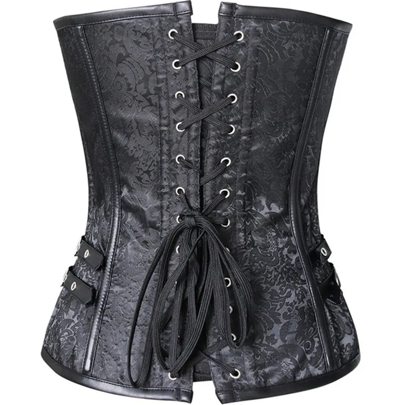 Women Sexy Shaper Faux Leather Erotic Top Lace Waistband Gathering Corsets Rivet Bustier S-6XL PU Gothic Bandage Back Corsage