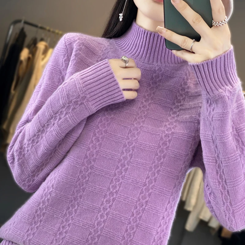 

100% Wool Knitwear Women Winter Thicker Pullovers Woolen Knitted Jumpers Mock neck Soft Warm Sweaters for Ladies YL01