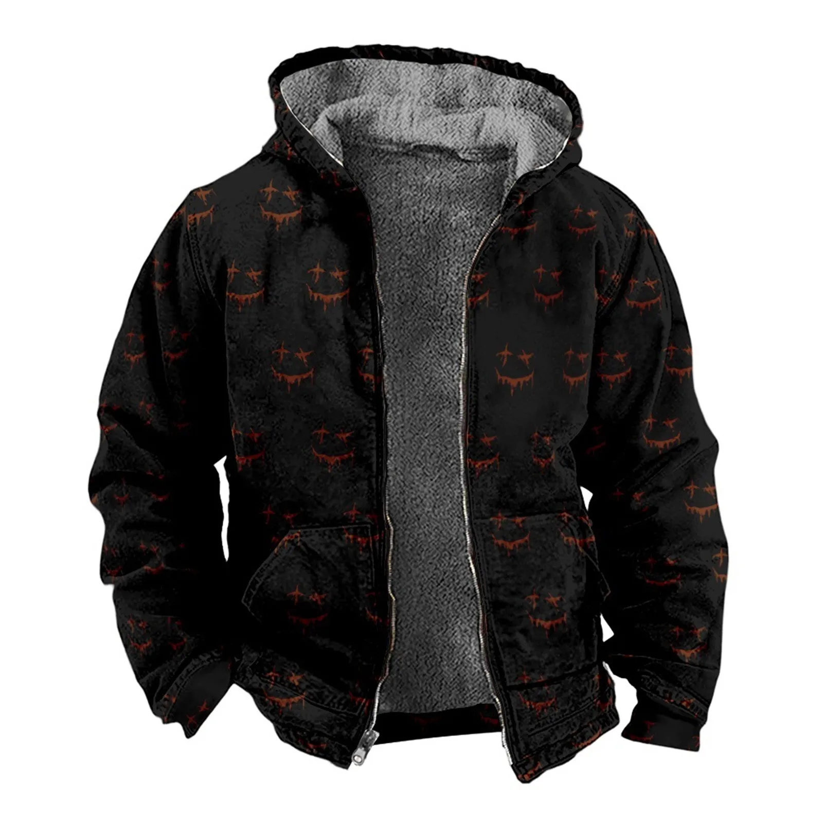 

Men Fleece Jacket Autumn Winter Hooded Halloween Print Fleece Lined Coat Zipper Long Sleeve Pockets Hoodies Streetwear Down Coat