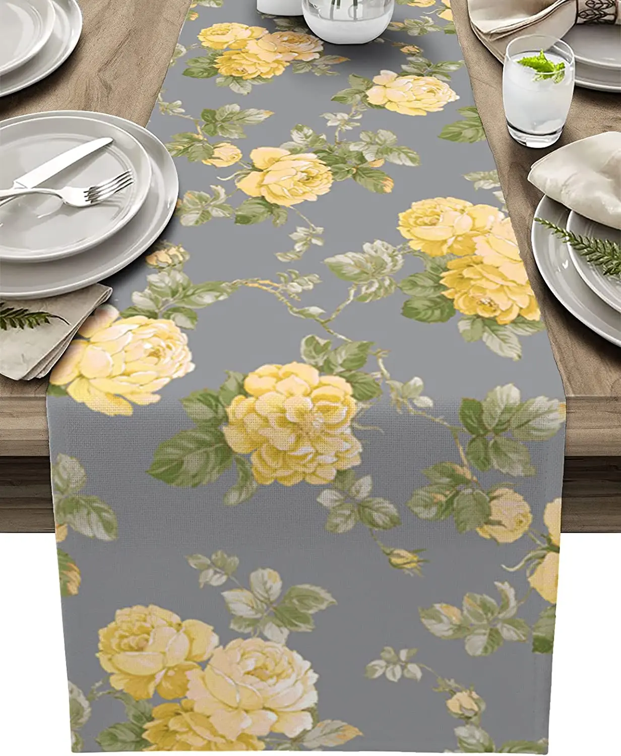 

Watercolor Yellow Roses Linen Table Runners Wedding Party Decoration Floral Gray Backdrop Table Runners Kitchen Table Decor