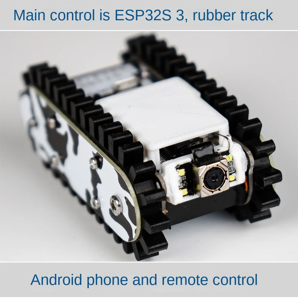 Tank RC robot télécommandé avec poignée réglable, chenilles détaillées et canon orientable.