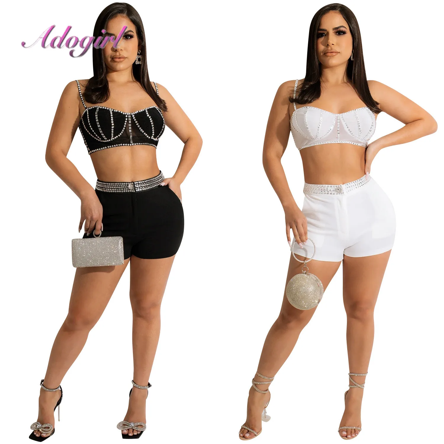 Sexy Sheer Mesh Diamonds Two Piece Set Party Club Matching Set Solid Strapless Crop Top Bikers Shorts Pant Suit Outfit Tracksuit