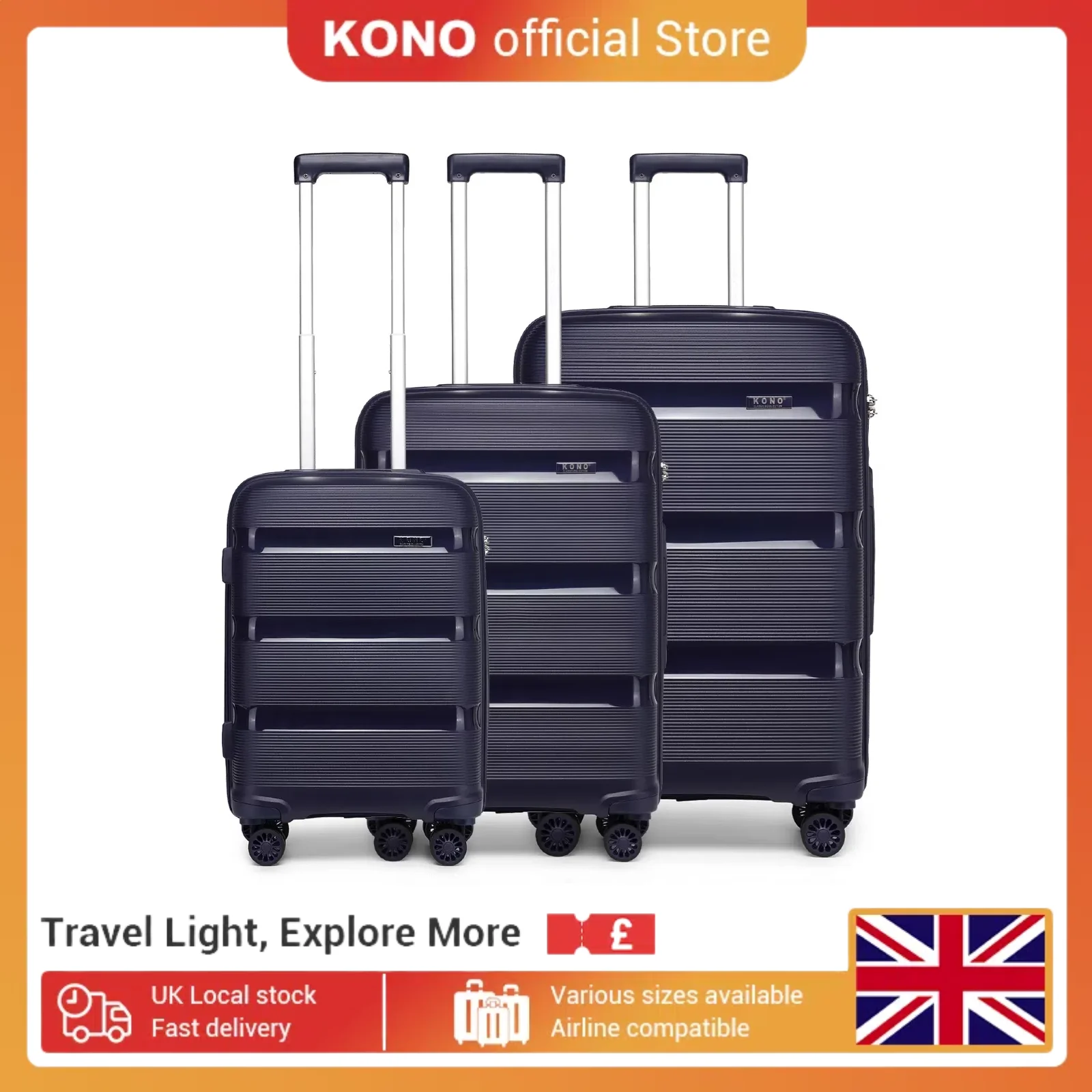 Kono Large Suitcase Hard Shell Travel Trolley 4 Spinner Wheels Lightweight Polypropylene Check in Luggage with TSA Lock (Navy)