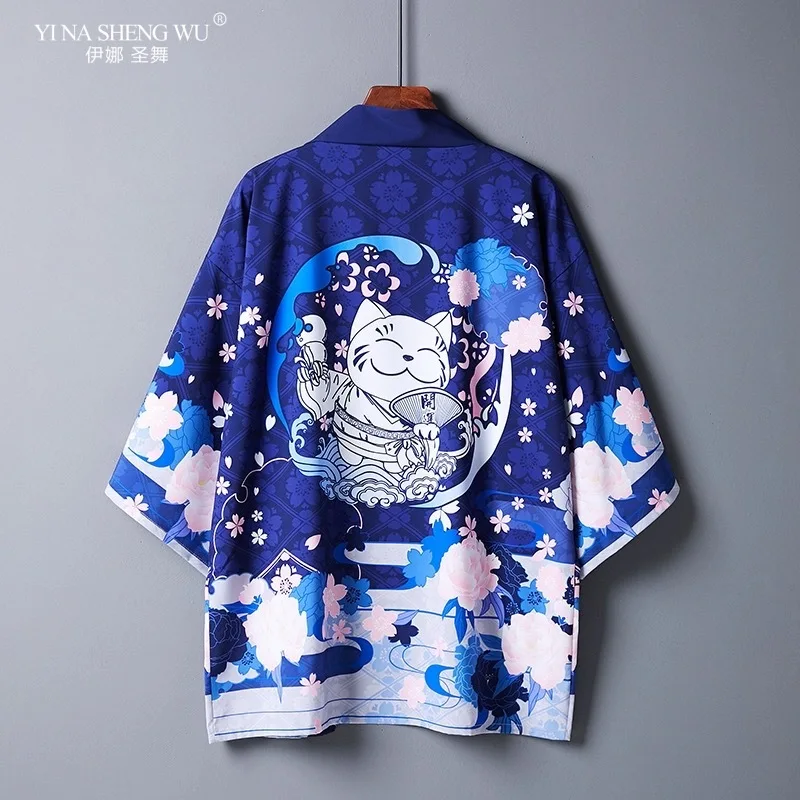 Kimono Cardigan Male Yukata Cat Print Chinese Style Japanese Samurai Coat Haori Traditional Cosplay Tops Clothes Summer