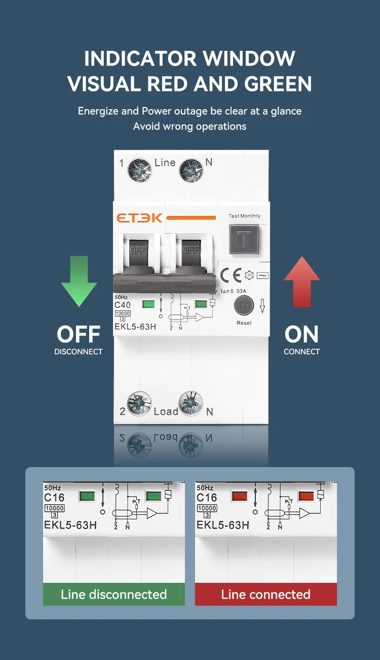 ETEK Type AC RCBO Residual Automatic Circuit Breaker 10KA 2P 4P 16A 25A 40A 63A