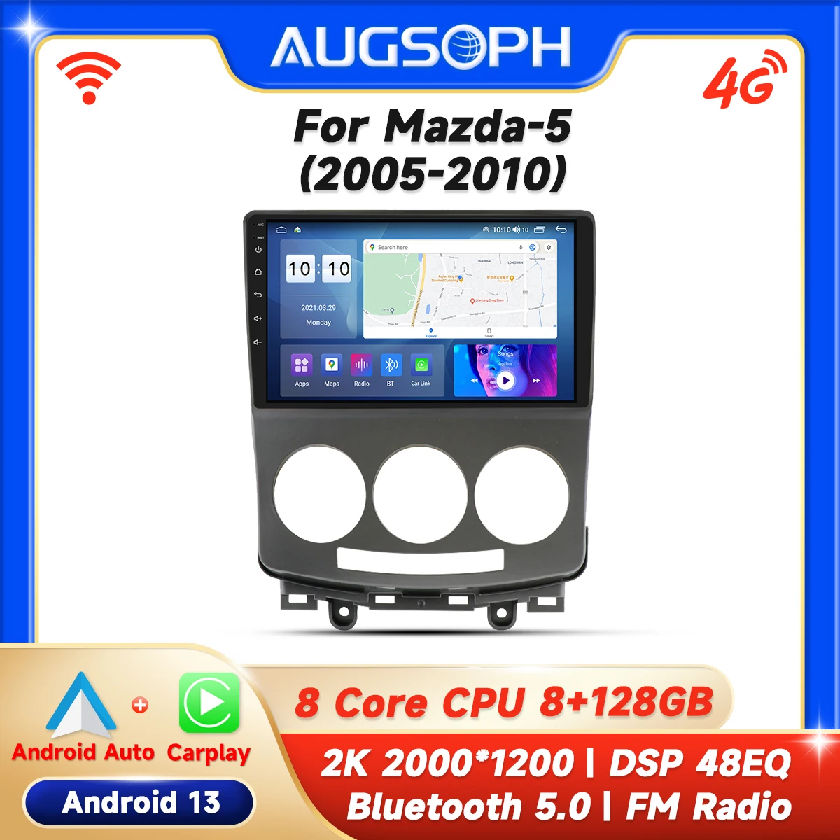 

Автомобильный радиоприемник Android 13 для Mazda 5 2005-2010, 9-дюймовый мультимедийный плеер с 4G WiFi Car Carplay и 2Din GPS-навигацией.