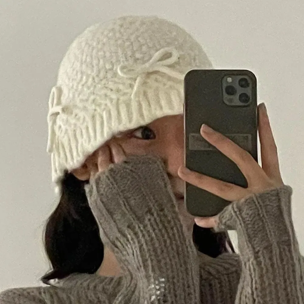 

Bow Decoration Knitted Bucket Caps Cute Autumn and Winter Ins Women's Hats Version Casual Korean Fisherman Hat