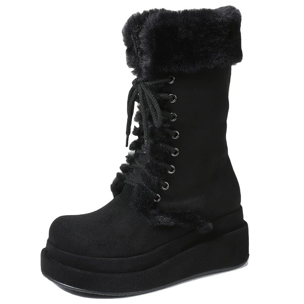 Winter Warm Fur Mid Calf Snow Boots Fashion Platform Wedges High Heels Side Zipper Lace-up Boots for Women 5