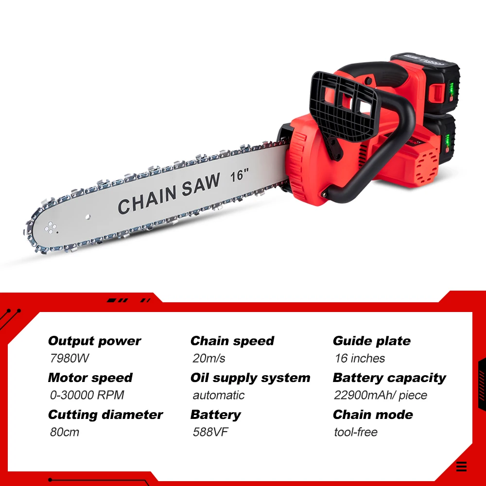 ONEVAN 16Inch Brushless Electric Chainsaw 7980W Cordless Portable Battery Saw Gardening Power Tools For 21V 18V Battery